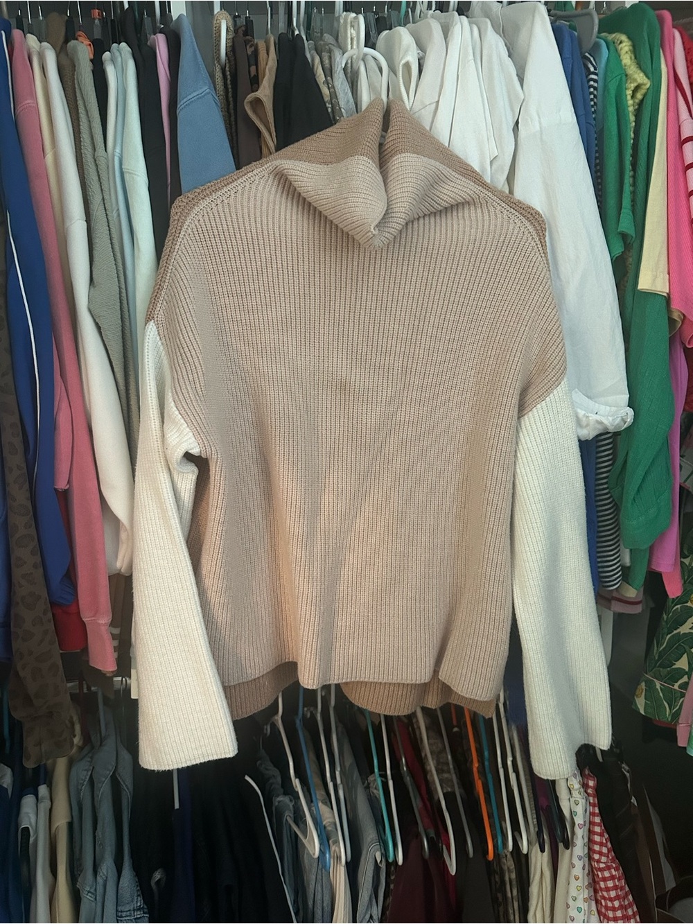 Beige and Cream Colorblock Knit Sweater